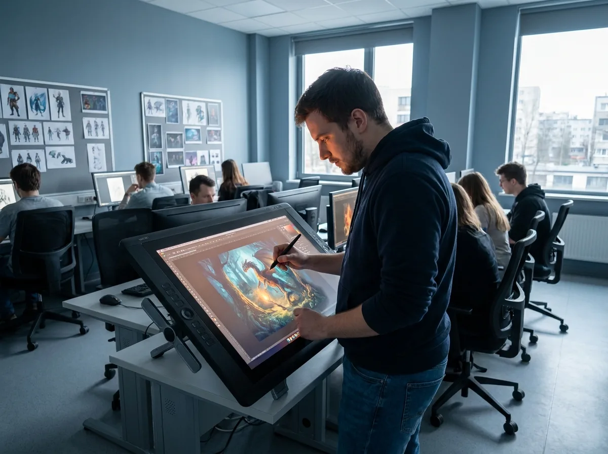 Étudiant en illustration numérique travaillant sur une tablette graphique dans une salle de cours spécialisée