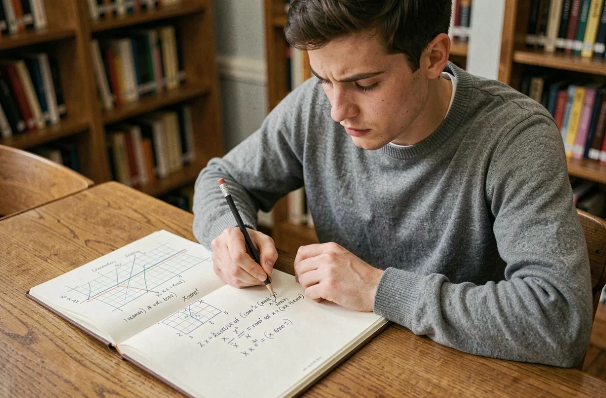 Étudiant calculant l'inversion d'une matrice 2x2 à la main sur un cahier avec des grilles de coordonnées géométriques dessinées