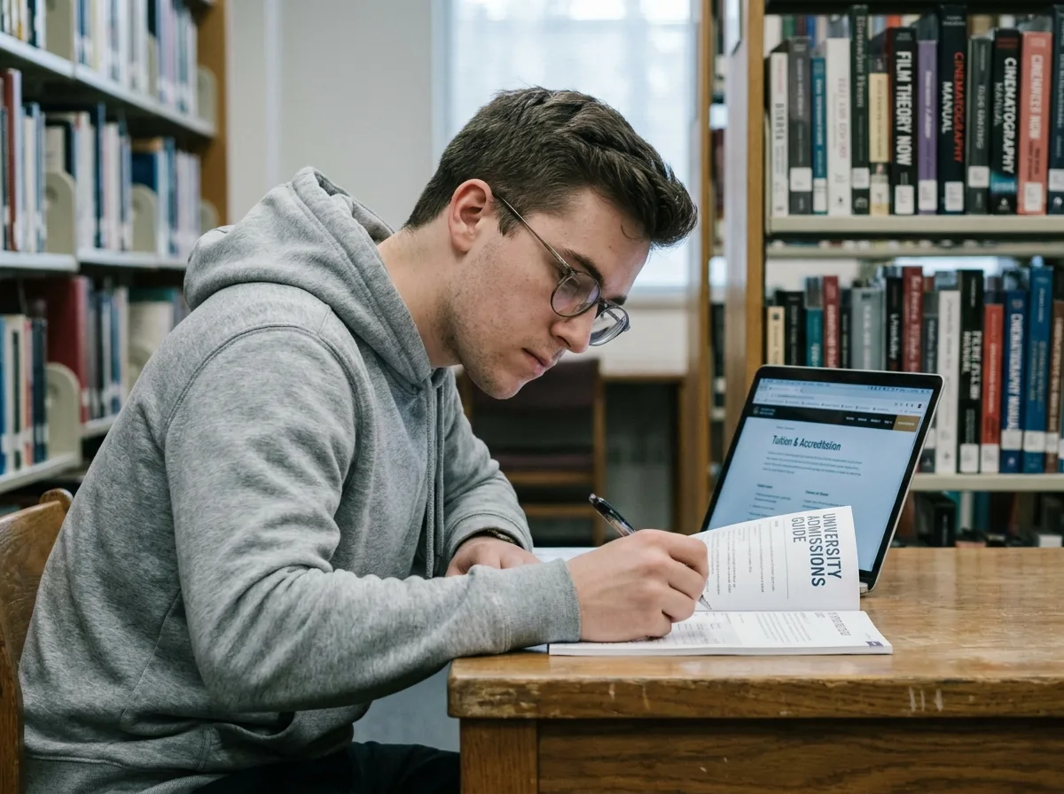 Jeune homme lisant attentivement un guide d'admission dans une bibliothèque d'école audiovisuelle avant de s'inscrire à une formation de trois ans