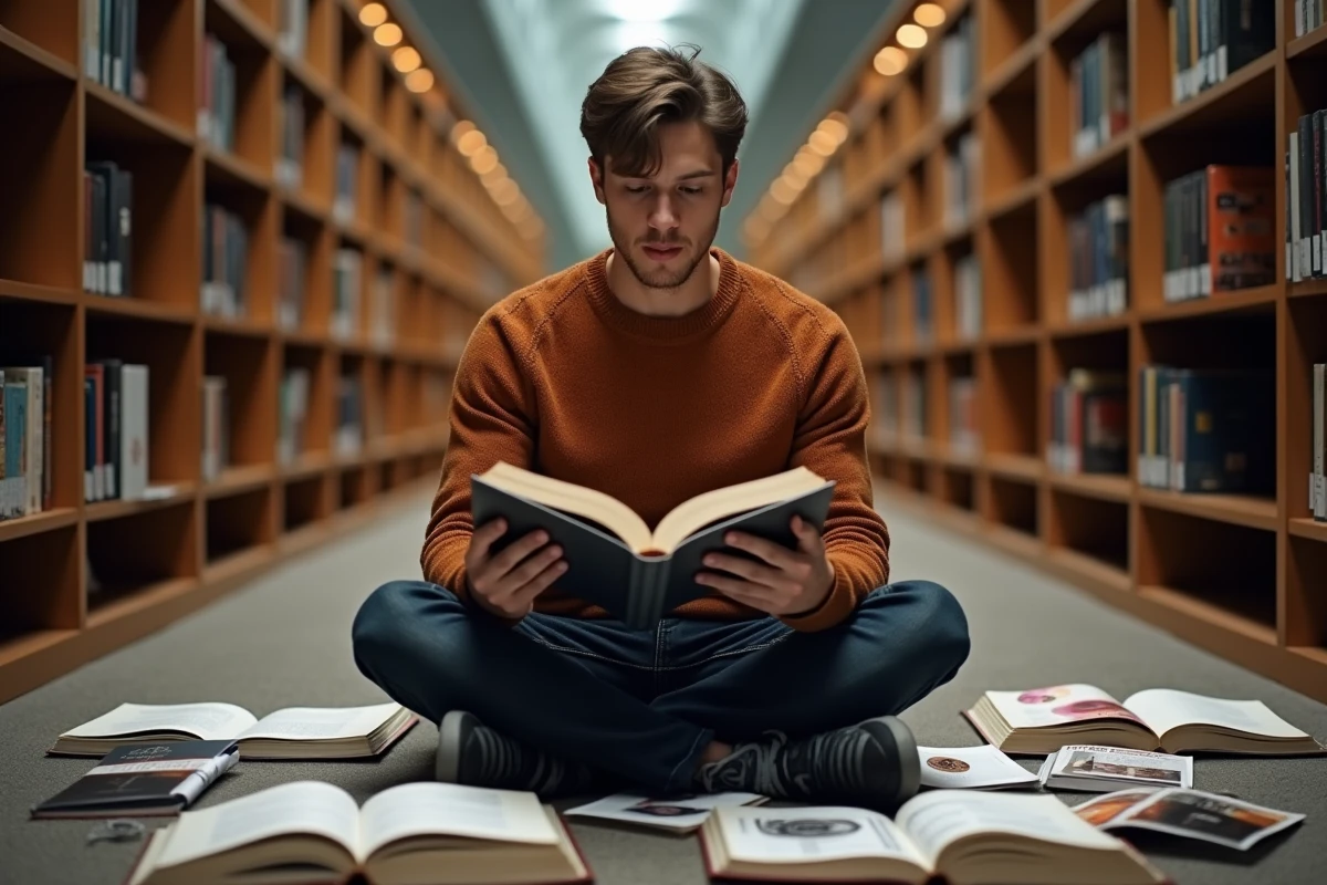 Jeune adulte étudiant les ordres de grandeur dans des livres de vulgarisation scientifique en bibliothèque
