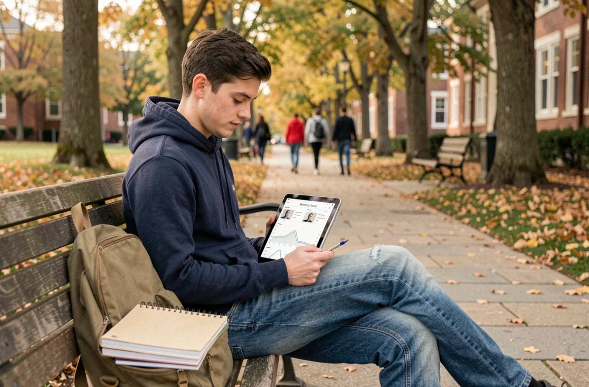 Étudiant consultant les résultats d'un test mémoire sur une tablette en plein air sur un campus universitaire en automne