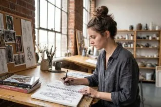 Étudiante en art esquissant des personnages de concept art dans un atelier professionnel de dessin illustré