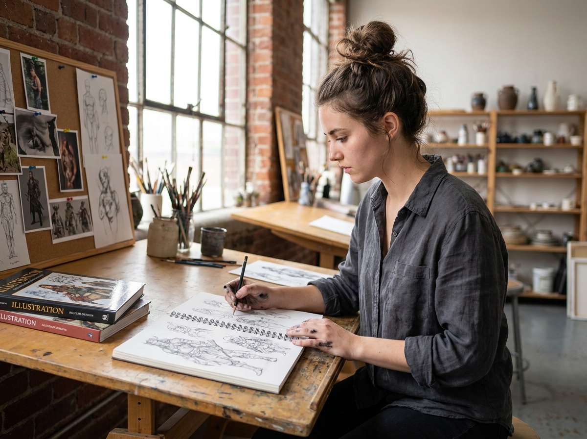 Étudiante en art esquissant des personnages de concept art dans un atelier professionnel de dessin illustré