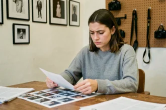 Étudiante en école de photographie à Toulouse analysant des planches contact dans un studio pédagogique