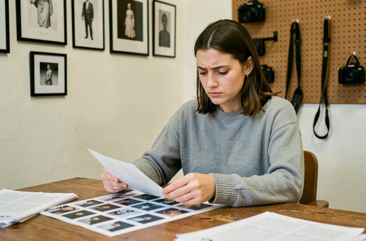 Étudiante en école de photographie à Toulouse analysant des planches contact dans un studio pédagogique