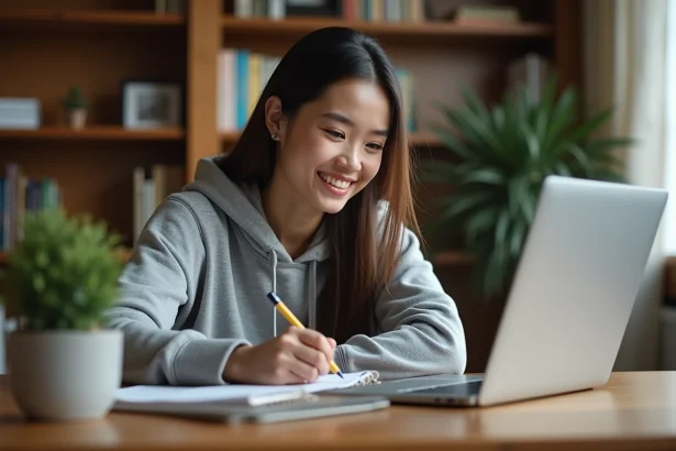 Jeune femme concentrée qui étudie en e-learning sur son ordinateur portable avec des notes manuscrites, dans un bureau à domicile cosy