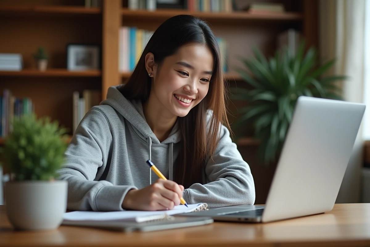 Jeune femme concentrée qui étudie en e-learning sur son ordinateur portable avec des notes manuscrites, dans un bureau à domicile cosy