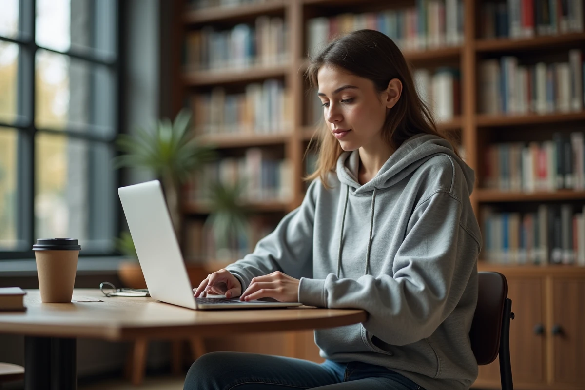 Étudiante de l'université Nice accédant à l'ENT Unice sur son ordinateur portable dans une bibliothèque universitaire moderne