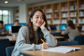 Jeune étudiante en ergotherapie à la bibliothèque