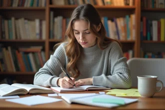 Étudiante prenant des notes sur des fiches cartonnées pour organiser ses exemples de dissertation