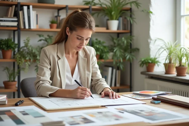 Étudiante en formation aménagement intérieur travaillant sur des planches de tendances et plans d'espace dans un studio de création