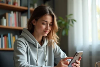 Étudiante gérant ses inscriptions aux examens Cyclades sur smartphone dans un appartement universitaire