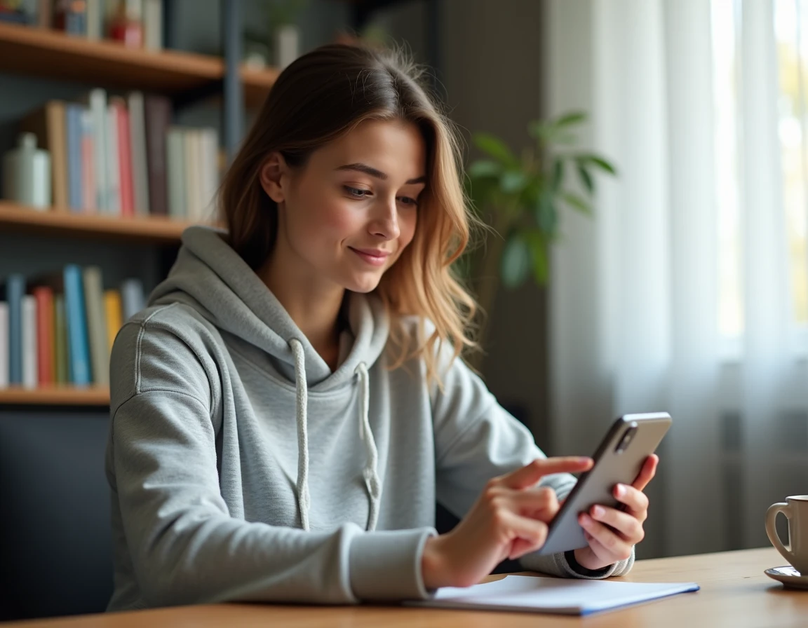 Étudiante gérant ses inscriptions aux examens Cyclades sur smartphone dans un appartement universitaire