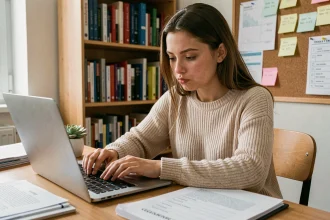 Étudiante remplissant son dossier d'inscription SCEI 2026 sur un ordinateur portable dans un appartement étudiant