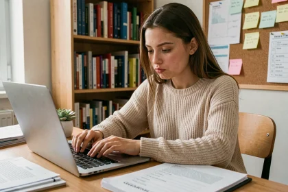 Étudiante remplissant son dossier d'inscription SCEI 2026 sur un ordinateur portable dans un appartement étudiant