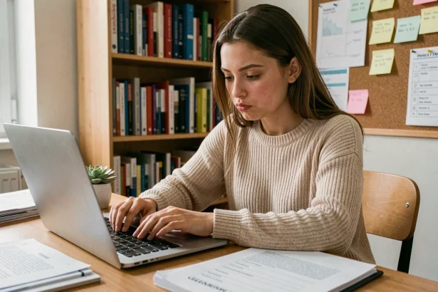 Étudiante remplissant son dossier d'inscription SCEI 2026 sur un ordinateur portable dans un appartement étudiant