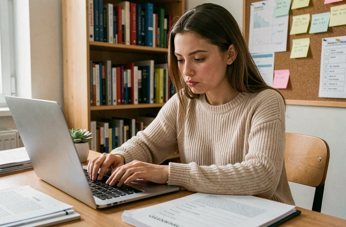 Étudiante remplissant son dossier d'inscription SCEI 2026 sur un ordinateur portable dans un appartement étudiant
