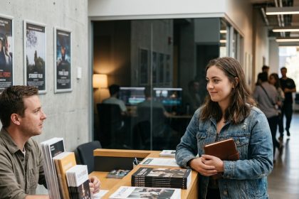 Étudiante posant des questions à un conseiller pédagogique dans le couloir d'une école d'audiovisuel lors d'une visite d'orientation