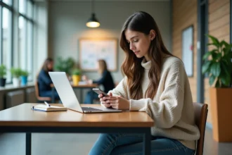 Jeune étudiante universitaire concentrée sur son ordinateur portable