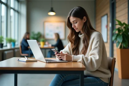 Jeune étudiante universitaire concentrée sur son ordinateur portable