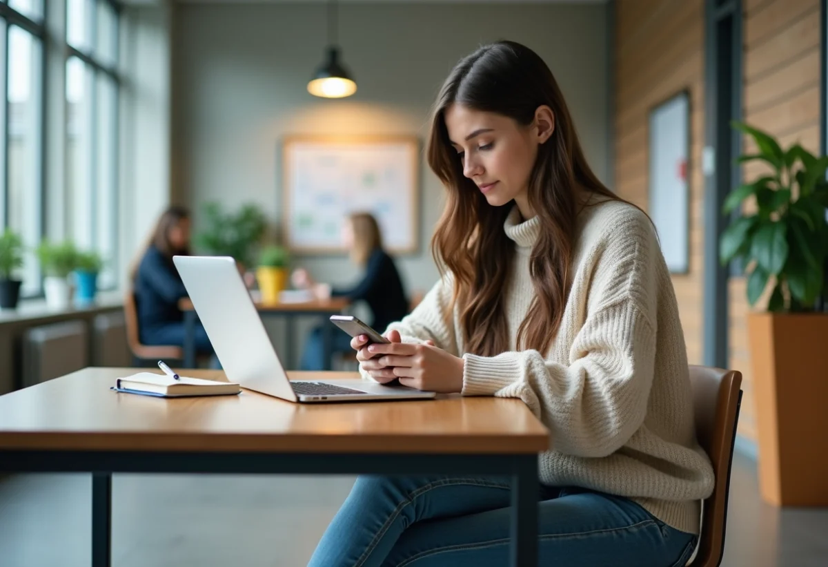 Jeune étudiante universitaire concentrée sur son ordinateur portable