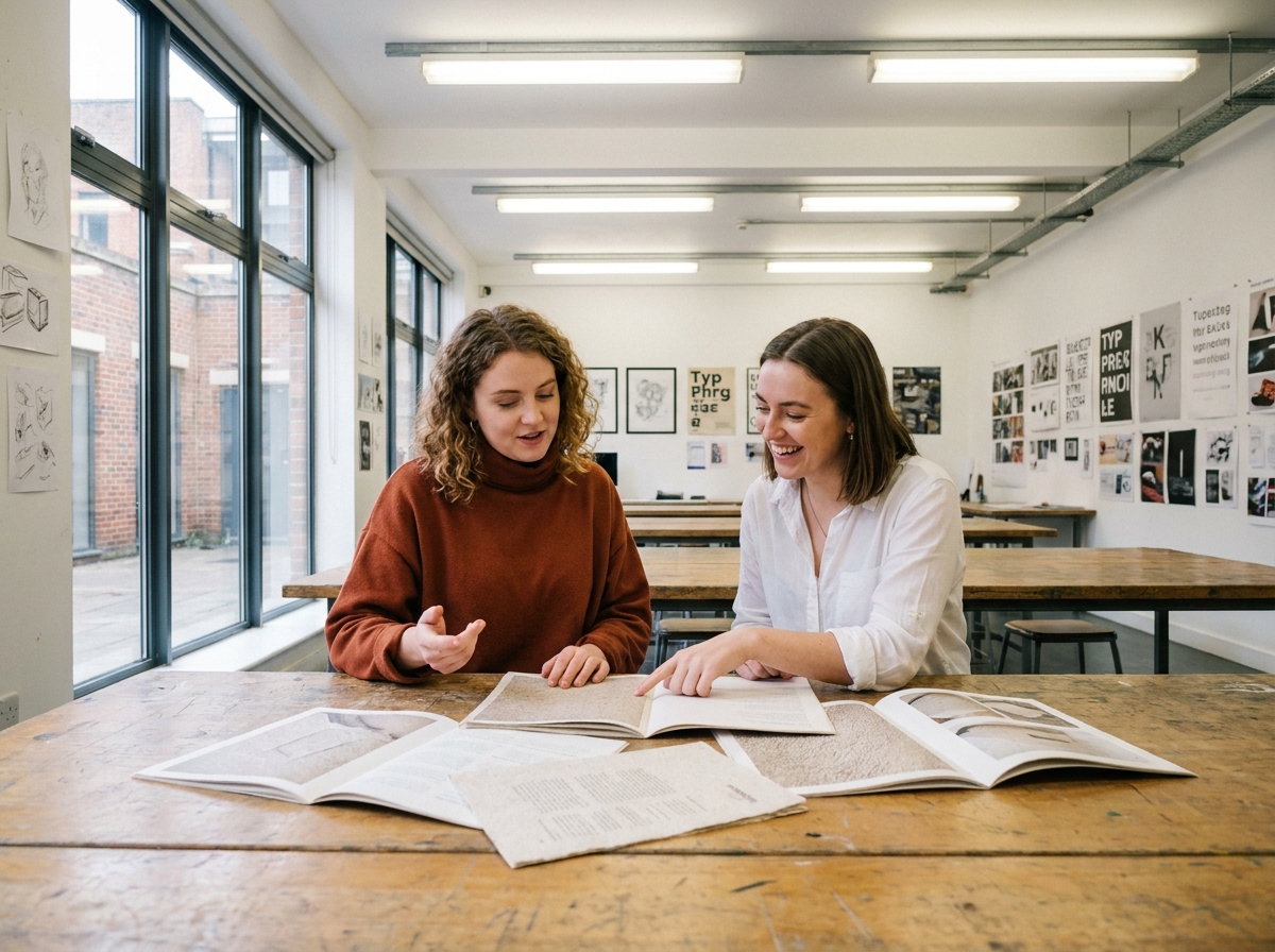 Deux étudiantes en design comparant leurs portfolios imprimés dans un studio d'école de graphisme avec des projets exposés en arrière-plan
