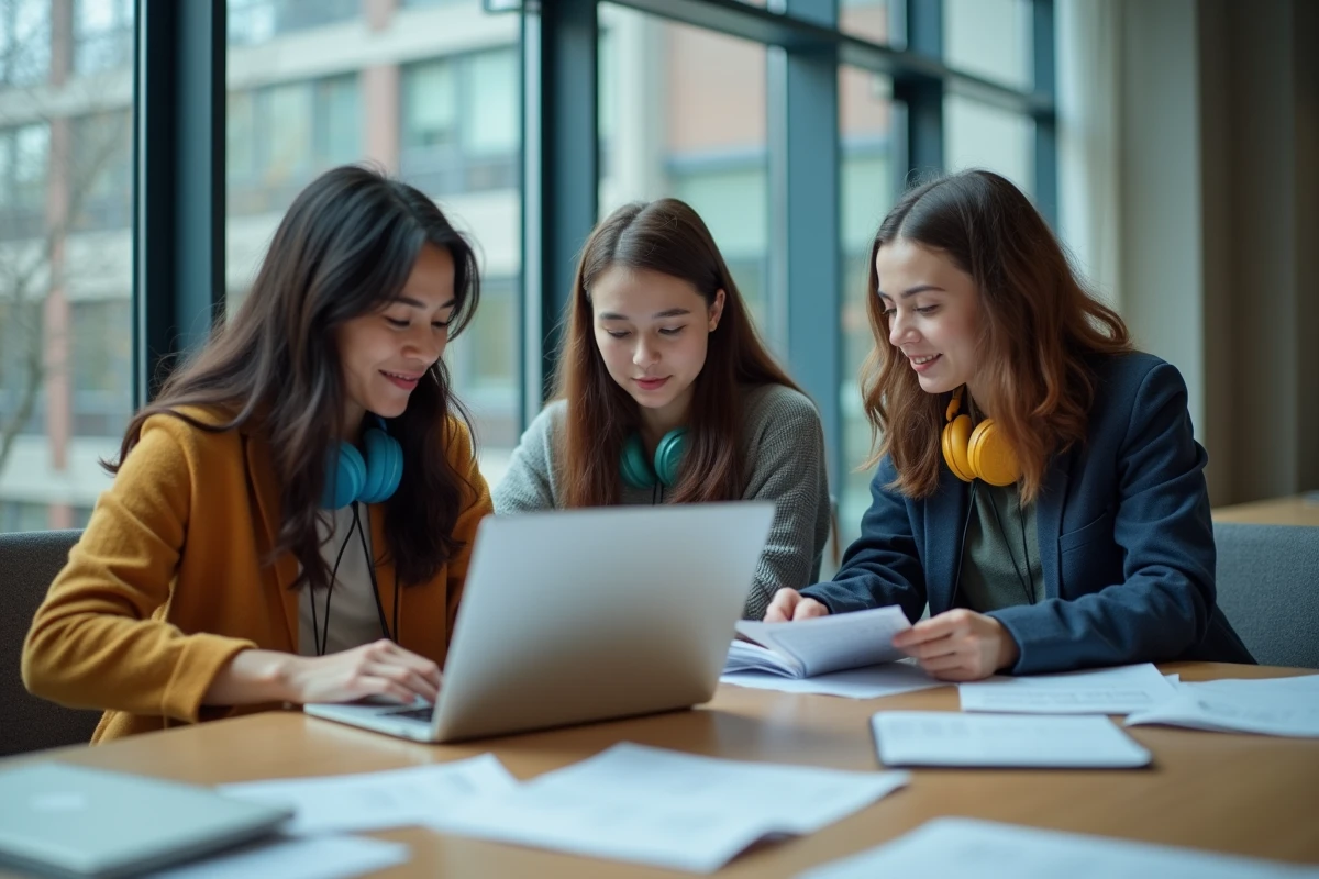 Groupe d'étudiants universitaires collaborant autour de cours en e-learning sur leurs ordinateurs portables dans une bibliothèque moderne