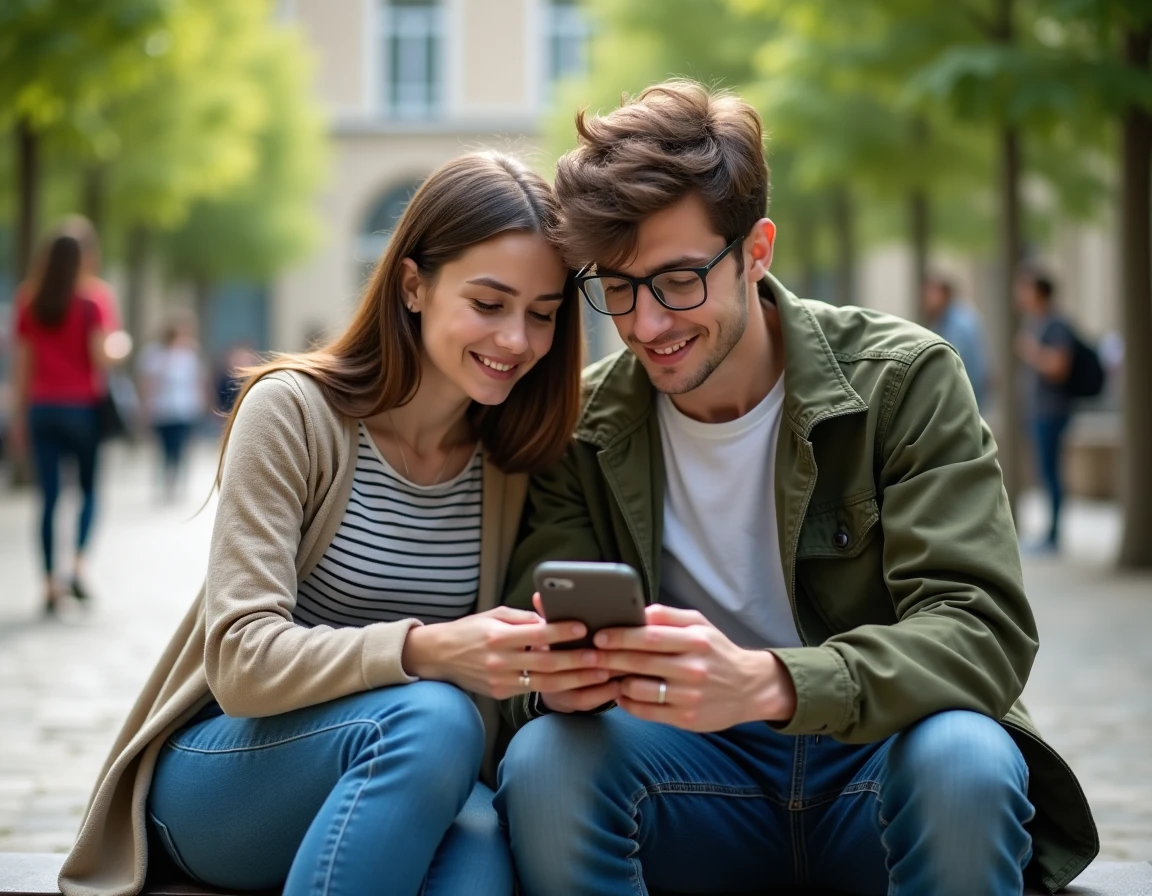 Deux étudiants consultant ensemble les informations d'examens et concours sur mobile via Cyclades dans une cour universitaire