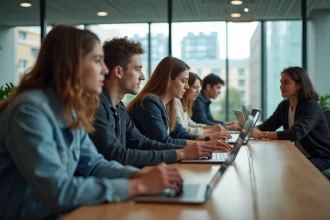 Groupe d'étudiants en étude dans un lounge moderne