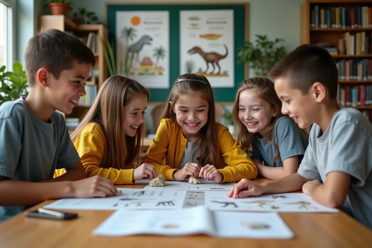 Jeunes etudiants discutant autour de fossiles en classe