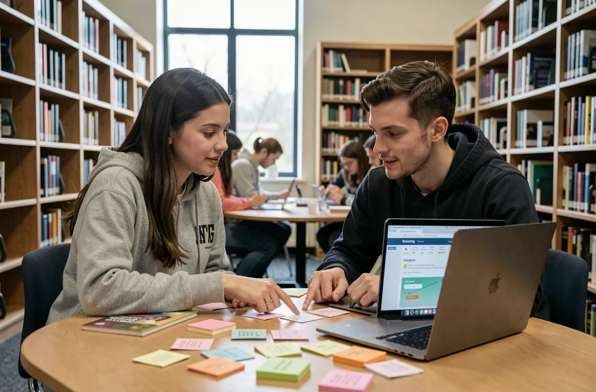 Deux étudiants collaborant sur des fiches de révision et un quiz de profil d'apprentissage dans une bibliothèque universitaire moderne