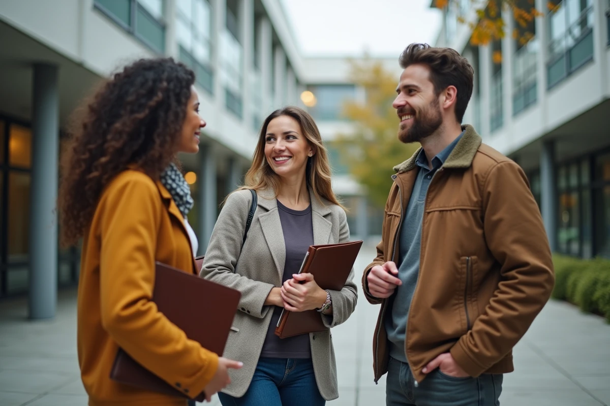 Étudiants en formation continue du Cnam discutant devant le campus avec leurs dossiers professionnels