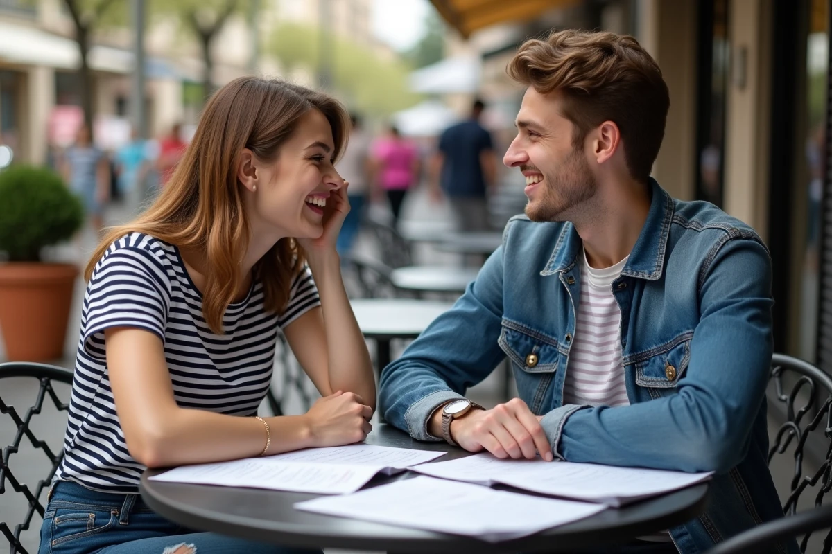 Deux étudiants universitaires pratiquant l'espagnol en conversation avec des fiches de grammaire en terrasse de café
