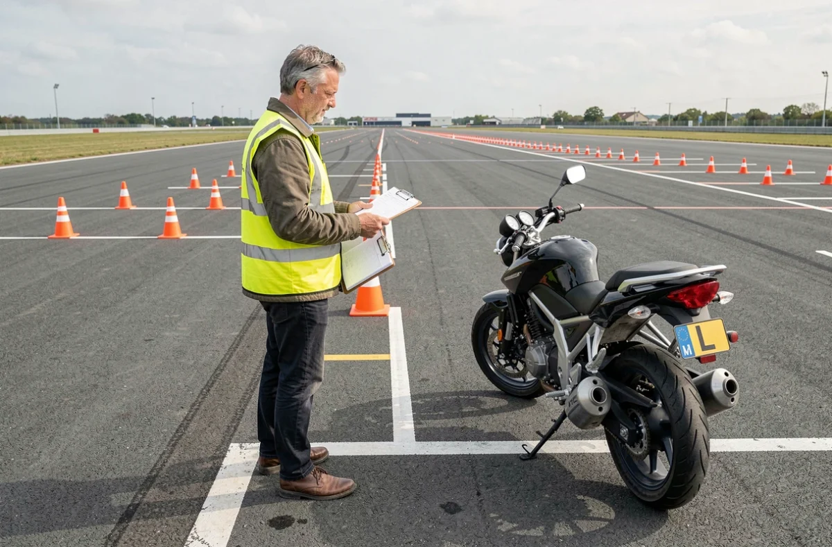 Examinateur du permis moto tenant un clipboard sur un circuit d'examen avec des cônes orange et une moto A2 en arrière-plan