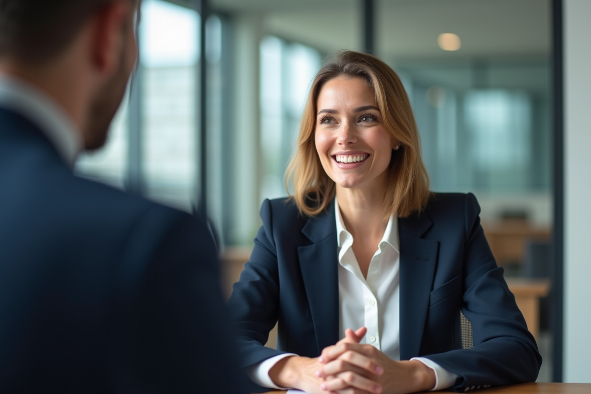 Femme d'affaires confiante en costume navy lors d'une réunion
