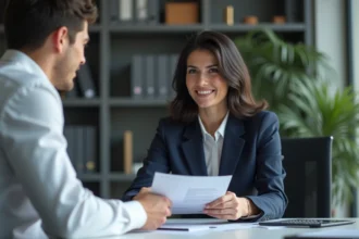 Femme d'affaires en costume navy échangeant des documents