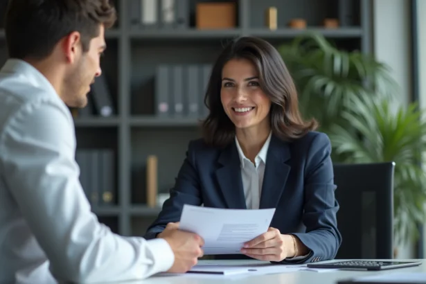 Femme d'affaires en costume navy échangeant des documents