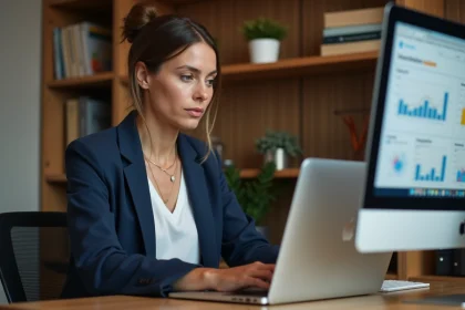 Femme analyste marketing évaluant une plateforme d'abonnement email sur son ordinateur portable dans un bureau à domicile moderne