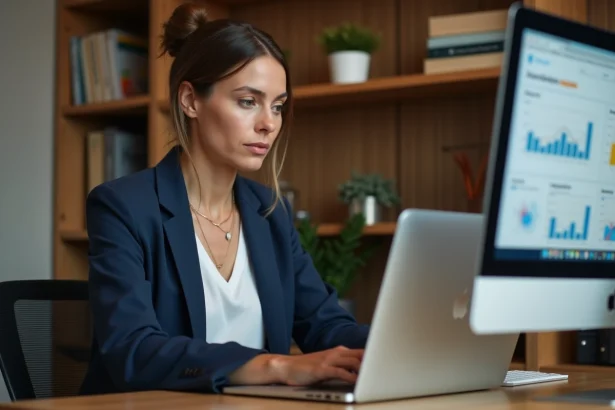 Femme analyste marketing évaluant une plateforme d'abonnement email sur son ordinateur portable dans un bureau à domicile moderne