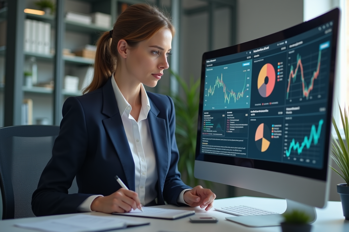 Femme d'âge moyen analysant des graphiques sur un grand écran