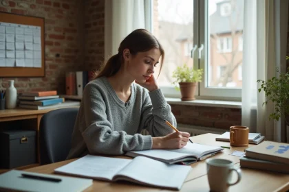 Femme autodidacte étudiant seule à son bureau avec notes manuscrites et planning personnel affiché sur un tableau en liège