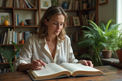 Femme française feuilletant une encyclopedie botanique dans un bureau