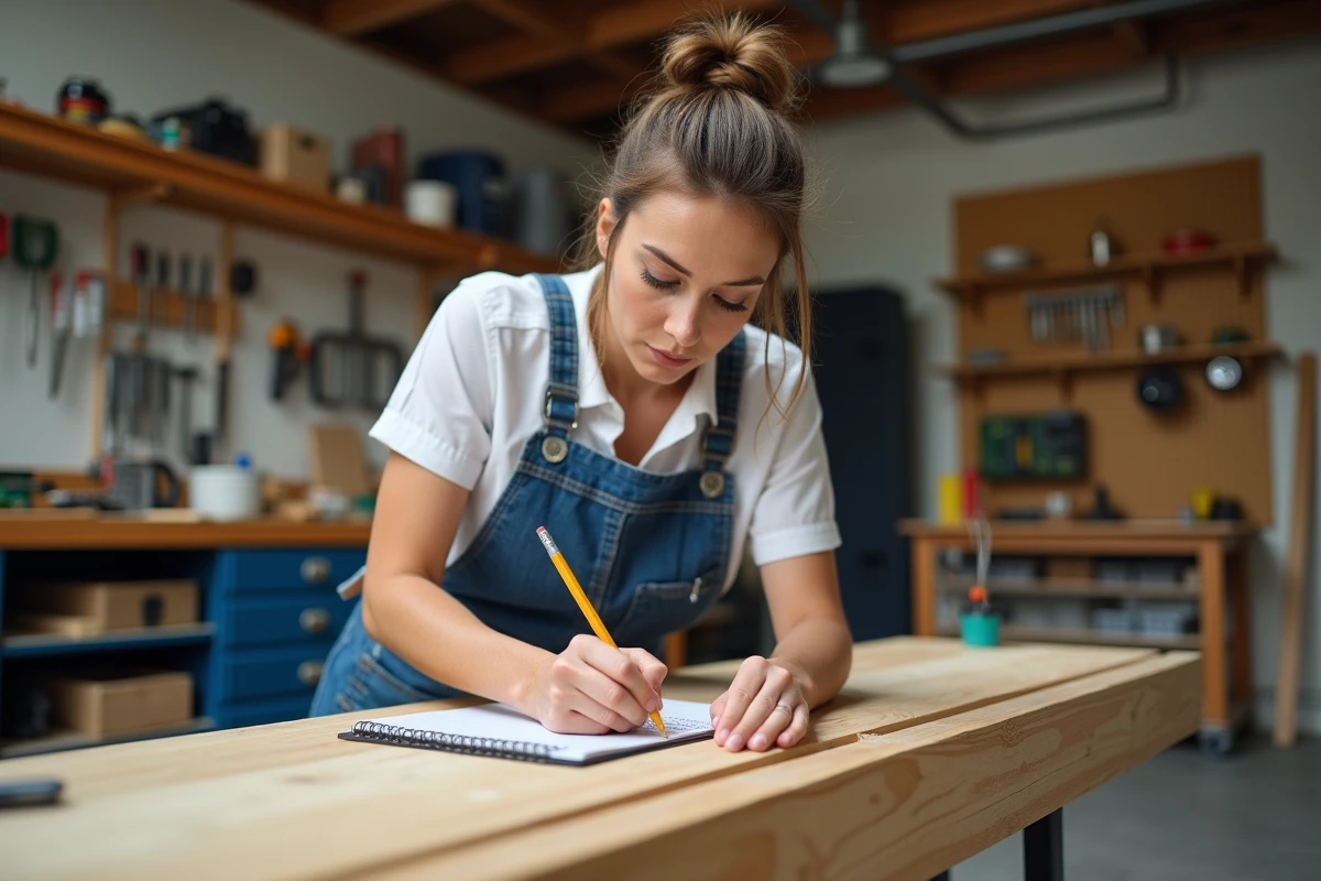 Femme mesurant une planche en bois dans un garage atelier, appuyant ses compétences acquises via une formation CPF bricolage