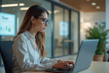 Femme au bureau utilisant le CIVC extranet en contexte professionnel