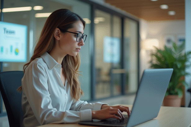 Femme au bureau utilisant le CIVC extranet en contexte professionnel