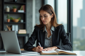 Femme en blazer au bureau concentrée sur son ordinateur