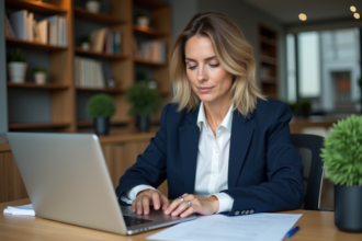Femme professionnelle remplissant un formulaire dans un bureau moderne
