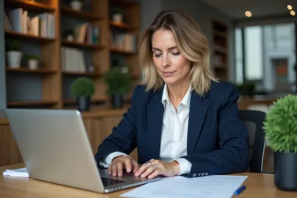 Femme professionnelle remplissant un formulaire dans un bureau moderne