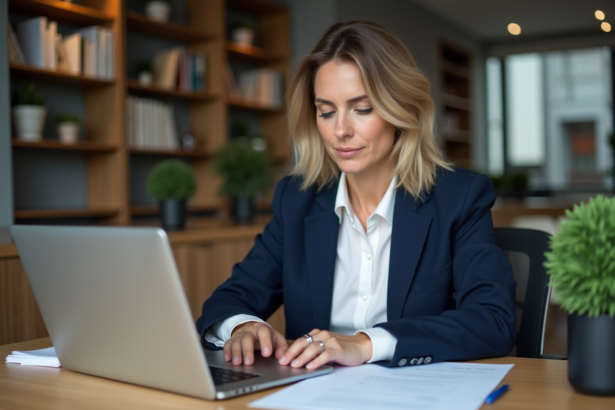 Femme professionnelle remplissant un formulaire dans un bureau moderne