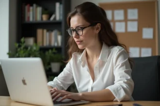 Femme concentrée travaillant sur son ordinateur dans un bureau moderne